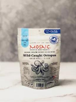 <p> Mosaic Wild-Caught Octopus Whole-Muscle Jerky is a single-ingredient, exotic treat that is naturally high in omega-3 fatty acids. Omega-3 fatty acids may benefit pets that suffer from skin disorders, weight problems, and digestive issues. Octopus is a perfect protein source for dogs that are affected by food allergies from common proteins, such as chicken, beef, and pork. <br>

Our octopus are sustainably wild-caught in off the coast of Spain, and then responsibly dehydrated in the USA. The 