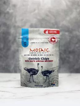 <p> Mosaic South African Ostrich Chips are a perfect alternative for dogs that are affected by food allergies from common proteins, such as chicken, beef, and pork. These limited-ingredient, tasty treats are low in fat and low in calories, which may benefit dogs that suffer from weight control issues. Our exotic chips are infused with South African beetroot, which is a great source for Vitamin C, fiber, manganese, folate, and potassium. <br>

Our ostriches are sustainably-sourced & responsibly-r