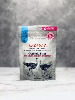 <p> Mosaic South African Ostrich Bites are a perfect alternative for dogs that are affected by food allergies from common proteins, such as chicken, beef, and pork. These limited-ingredient, tasty treats are low in fat and low in calories, which may benefit dogs that suffer from weight control issues. Our exotic training treats are infused with South African grapefruit extract, which offers antibacterial, antiviral, antiparasitic, antifungal and antioxidant properties. <br>

Our ostriches are su