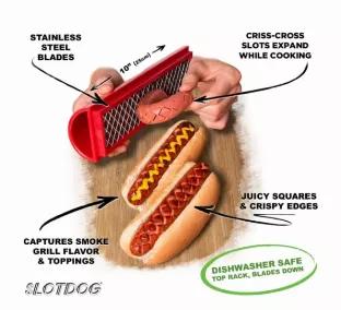 Slot dog has a grid of stainless-steel blades that create perfect criss-cross slots in your hot dog. The slots expand while cooking allowing smoke, grill flavor, seasonings, and rubs to penetrate deeper. Juices caramelize on the edges for a crispy bite. Plus, the slots grab hold of your toppings with a Kung-Fu grip.<br>
To use, simply push the slot dog firmly down on your skinless fridge temperature* hot dog with an end to end rocking motion until the blades cut to your desired depth.<br>
Pull t