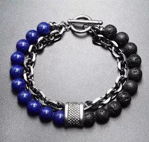 This 2 piece bracelet is constructed with 8mm natural stones and 8mm stainless steel chain links. These are are all joined together in one bracelet and fastened by a stainless steel toggle clasp.<br>

Style: Beads and Chains<br>
Material: Lava Rocks, Tiger Eye, Howlite and Lapis<br>
Size: 8 inches