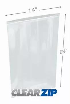 Our 14" x 24" 4 Mil Clearzip(R) Lock Top Bags are used to seal heavy weight products that provide puncture resistance protection for industrial parts, tools and more. 4 mil Clearzip(R) Lock Top bags are made from low density polyethylene and can be recycled. Reclosable 14" x 24" .004 plastic bags feature impressive clarity and make storage and organization simple for industrial, food service, and medical industry applications. 14 inch by 24 inch 4 mil Zipper Locking bags meet FDA/USDA requiremen