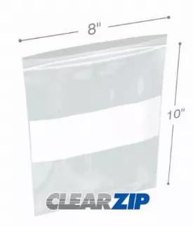 Our 8" x 10" 6 Mil White Block Clearzip(R) Lock Top Bags are super heavy duty plastic zipper bags that feature a white block area for organizing, packaging, and storage items. The white block area on these 6 mil 8x10 plastic zip bags accepts rubber stamp, marker, grease pen, or ballpoint pen.<br> 8 inch by 10 inch 6 mil white block zip locking bags are made from low density polyethylene and can be recycled. These 6 mil white block ClearZip bags feature impressive clarity and make storage and org