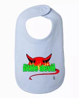This cute boy baby bib "Little Devil" is available in white, gray and blue.<br> 

FEATURES: This soft bib is 100% combed ringspun cotton. The neck binding is 3/8", and has a velcro closure. It is a thick bib and has been baby-tested! Our messy kids put it to the test and spills did not get through to clothing. It's also a rather large bib at 8" x 8 3/4", which is great for both babies and toddlers. <br>

The design is printed using direct to garment method, meaning it's printed directly into the