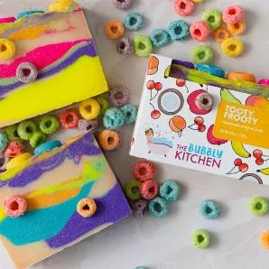 All natural, vegan soap bar, scented in every kid's favorite Saturday morning cereal, fruit loops filled with bright colorful micas
