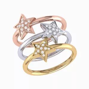 It takes three to party. The Tri-Color Dazzling Star Detachable Ring is the perfect crossover from work to a night out with loved ones. Crafted in 925 Sterling Silver, this ring features 100% natural, genuine diamonds. 0.15 carats of diamonds are used in a micro pave setting. This ring is plated in 14K Yellow Gold & 14K Rose Gold Vermeil and silver, which gives the piece a long-lasting shelf-life. This ring can be worn as a stack or as 3 separate rings. The ring thickness ranges from 2.6mm to 9.