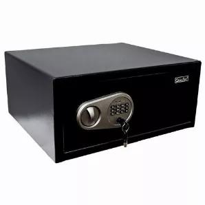 Personal laptop/hotel safe is made of solid steel construction and features a black powder coated finish. Pry resistant door has concealed hinges and 2 steel locking bolts, back of safe has pre-drilled mounting holes and kit for easy installation. A digital combination with 3-8 digit code has a time out period after 3 incorrect combination attempts, a back-up key is also included.