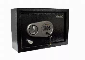 Drawer Safe is made of solid steel construction and features a black powder coated finish. Pry resistant door has concealed hinges and 2 steel locking bolts, back of safe has pre-drilled mounting holes and kit for easy installation. A digital combination with 3-8 digit code has a time out period after 3 incorrect combination attempts, a back-up key is also included.