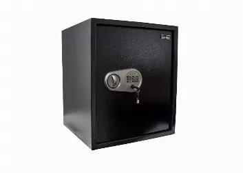 Personal Safe is made of solid steel construction and features a black powder coated finish. Pry resistant door has concealed hinges and 2 steel locking bolts, back of safe has pre-drilled mounting holes and kit for easy installation. A digital combination with 3-8 digit code has a time out period after 3 incorrect combination attempts, a back-up key is also included.
