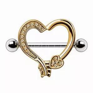 Nipple Shield / Nipple Ring With A Heart Design Yellow Gold Plated Jewelry Heart Shaped An Arrow With Multiple Clear Cz Throughout Barbell Thickness : 14Ga | 1.6Mm Barbell Length : 3/4' | 19Mm Heart Inner Diameter (Wearable Size) : 9/16" | 14Mm Ball Size : 5Mm Thread Type : Externally Threaded Materials : 316L Stainless Steel, Gold Plated Zinc Alloy, Cubic Zirconia