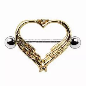 Nipple Shield / Nipple Ring With A Heart Design Yellow Gold Plated Jewelry Heart Shaped Wings With Much Details Barbell Thickness : 14Ga | 1.6Mm Barbell Length : 7/8' | 22Mm Heart Inner Diameter (Wearable Size) : 9/16" | 14Mm Ball Size : 5Mm Thread Type : Externally Threaded Materials : 316L Stainless Steel, Gold Plated Zinc Alloy