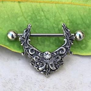 Nipple Shield / Nipple Jewelry With A Half Shield Design Gothic Shield With A Clear Cz Barbell Thickness : 14Ga | 1.6Mm Barbell Length : 7/8" | 22Mm Shield Inner Diameter (Wearable Size) : 9/16" | 14Mm Material : 316L Stainless Steel, Zinc Alloy, Cubic Zirconia