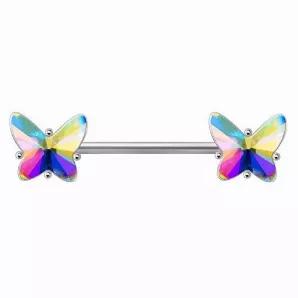 Nipple Bar / Nipple Ring With A Butterfly Design Butterfly Shaped Aurora Borealis Cz In A Prong Setting Bar Thickness : 14Ga | 1.6Mm Bar Length : 9/16" | 14Mm Butterfly Size : 8(L) X 7(W)Mm Thread Type : Externally Threaded Material : 316L Stainless Steel, Zinc Alloy, Cubic Zirconia
