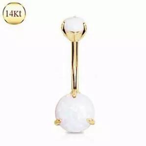 14Kt Yellow Gold Navel Ring / Belly Button Ring Prong Set White Synthetic Opal On Top And Bottom Authentic14Kt Gold Stamp Bar Thickness : 14Ga | 1.6Mm Bar Length : 3/8" | 10Mm Opal Size : 5Mm X 8Mm Thread Type : Externally Threaded Material : 14Kt Gold, Synthetic Opal