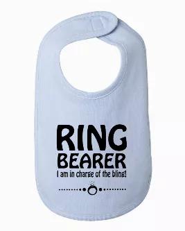 This cute ring bearer bib is available in white, gray, and blue. <br>

FEATURES: This soft bib is 100% combed ringspun cotton. The neck binding is 3/8", and has a velcro closure. It is a thick bib and has been baby-tested! Our messy kids put it to the test and spills did not get through to clothing. It's also a rather large bib at 8" x 8 3/4", which is great for both babies and toddlers. <br>

The design is printed using direct to garment method, meaning it's printed directly into the fabric. Th