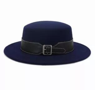 Flat top boater style hats with wide pu belt<br>

Material: Polyester/Cotton<br>
Size: M/L 56-58cm<br>
Brim: Approx 3"