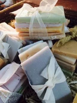 Beware - once you've tried our soap you'll be hooked! Soaps will come together just as seen in picture. There will be a mixture of our choice but I promise you'll love them all! Each bundle will come wrapped in twine or ribbon.<br>
Soap is made with Organic oils of olive oil, she butter, castor oil, coconut oil, vitamin E and palm oil( sustainable). <br>
9oz