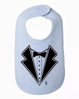 This cute baby tuxedo bib is available in white, gray, pink and blue. <br>

FEATURES: This soft bib is 100% combed ringspun cotton. The neck binding is 3/8", and has a velcro closure. It is a thick bib and has been baby-tested! Our messy kids put it to the test and spills did not get through to clothing. It's also a rather large bib at 8" x 8 3/4", which is great for both babies and toddlers. <br>

The design is printed using direct to garment method, meaning it's printed directly into the fabri