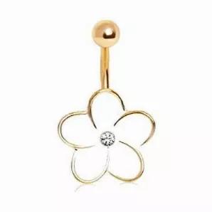 316L Enameled Flower Navel Ring With Center Gem And Gold Plated Trim Sweet And Innocent This White Flower Belly Ring Has A Simple Charm That Will Compliment Any Summer Ensemble. This Piece Comes With A Gold-Plated 316L Barbell Polished To A Mirror Finish. The Gold Detail Trails Into The Floral Design Itself, The Delicate Gold Color Hugging The Edges Of Each Enamel Laden Petal. The White Enamel Gives Brilliance And Shine To This Navel Ring Which Is Further Highlighted By A Single Embedded Cz Gem 
