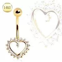 14Kt. Gold Navel Ring With Heart. 14 Kt. Yellow Gold Navel Ring/Belly Button Ring With A Heart Completed Surrounded By Finest Cubic Zirconia. Thickness : 14Ga / 1.6Mm Length : 3/8" / 10Mm