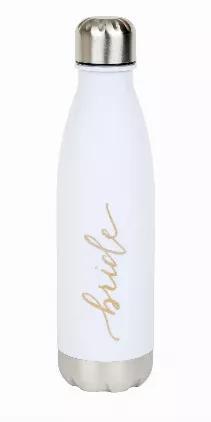 This water bottle is a great addition to bachelorette parties! Each water bottle is 17 oz. and is white with gold writing. The water bottles are made of durable plastic and aluminum, and are BPA free.